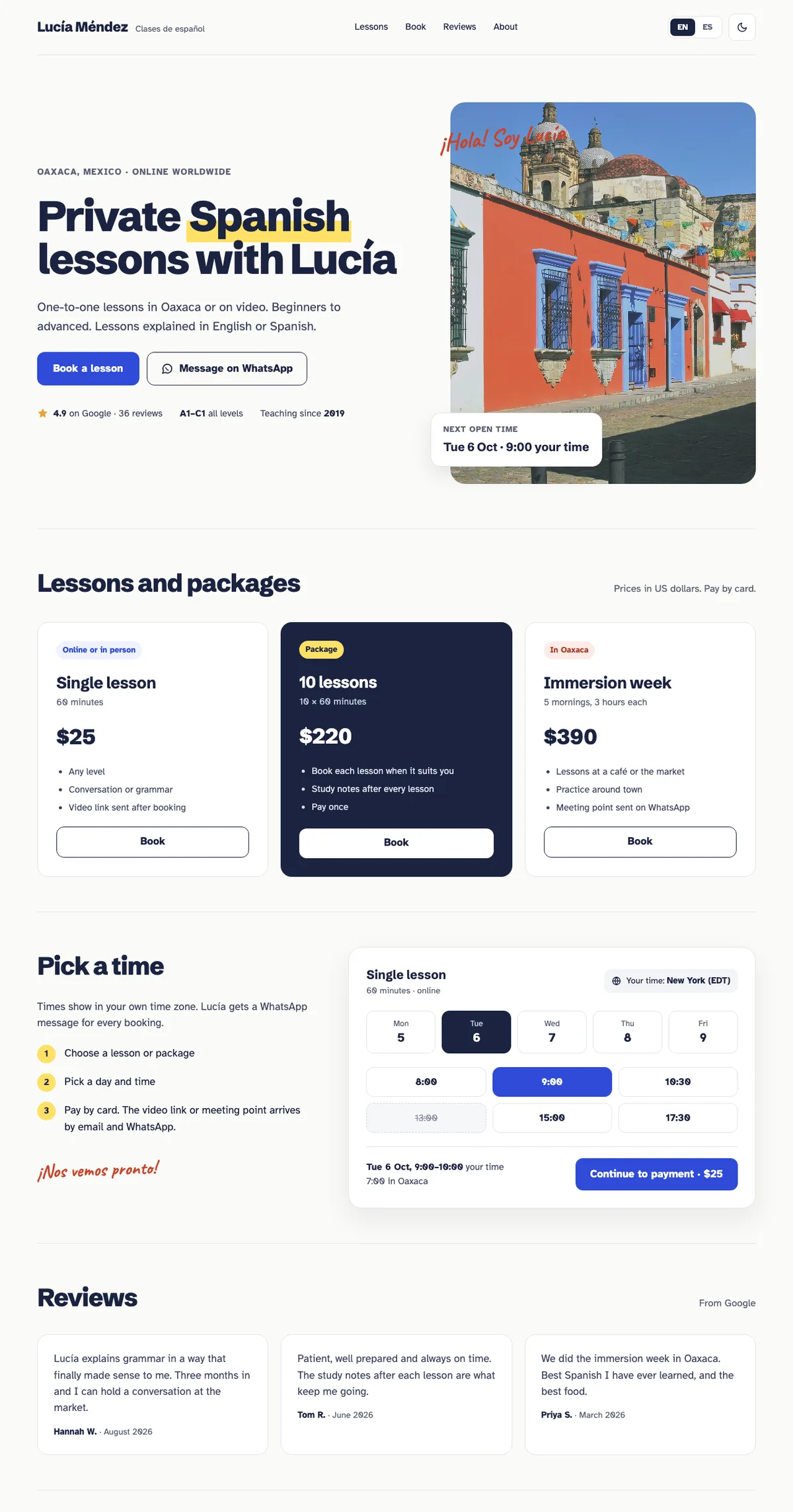 Página completa del estilo Cuaderno: paquetes de clases y calendario de reservas