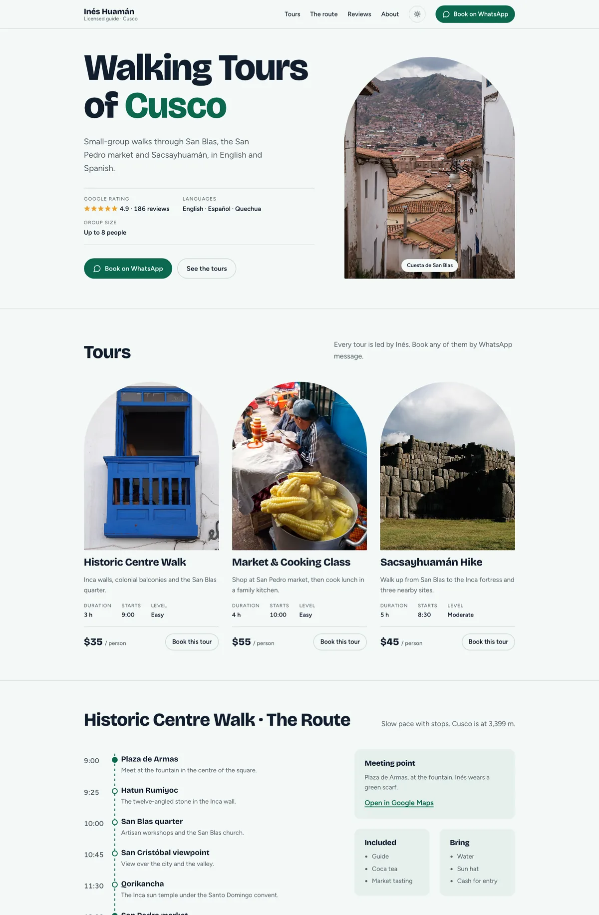Página completa del estilo Plaza: tours con fotos en arco, itinerario con horarios y punto de encuentro